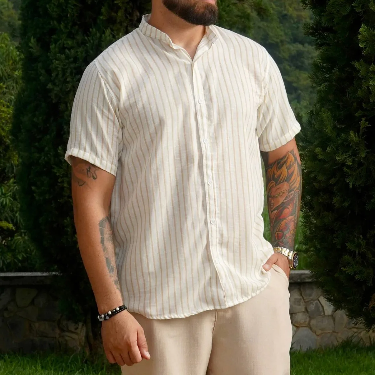 Camisa Manga Corta Lino Santorini Amarillo Rayas